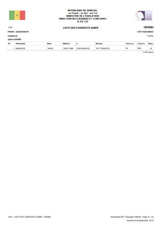 LISTE DES CANDIDATS ADMISCAP 15401
1 admis
Prénom(s) Nom ServiceN° Né(e) le à Sexe
PIKINE - GUEDIAWAYE
THIAROYE
CITE FASS MBAO
Matricule Diplôme
Option:ARABE
IEF THIAROYEGUEDIAWAYE02/07/1989BABACAR NDAO1 MBACNI
1/106 admis
CAP - LISTE DES CANDIDATS ADMIS - ARABE AnadoleXp.NET Copyright EditSoft - Page 31 / 33
Imprimé le 29 septembre, 2015
 