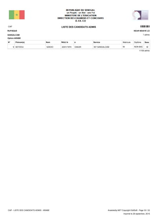 LISTE DES CANDIDATS ADMISCAP 16301
1 admis
Prénom(s) Nom ServiceN° Né(e) le à Sexe
RUFISQUE
SANGALCAM
KEUR NDIAYE LO
Matricule Diplôme
Option:ARABE
IEF SANGALCAMDAKAR20/01/1974SEYDOU SAKHO6 MNON BACNI
1/106 admis
CAP - LISTE DES CANDIDATS ADMIS - ARABE AnadoleXp.NET Copyright EditSoft - Page 33 / 33
Imprimé le 29 septembre, 2015
 