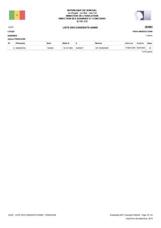 LISTE DES CANDIDATS ADMISCEAP 8101
1 admis
Prénom(s) Nom ServiceN° Né(e) le à Sexe
LOUGA
KEBEMER
PAPA AMADOU DIAW
Matricule Diplôme
Option:FRANCAISE
IEF KEBEMERNDINDY15/12/1983MAMADOU NIANG5 MNON BAC170601038/H
1/318 admis
CEAP - LISTE DES CANDIDATS ADMIS - FRANCAISE AnadoleXp.NET Copyright EditSoft - Page 18 / 43
Imprimé le 29 septembre, 2015
 