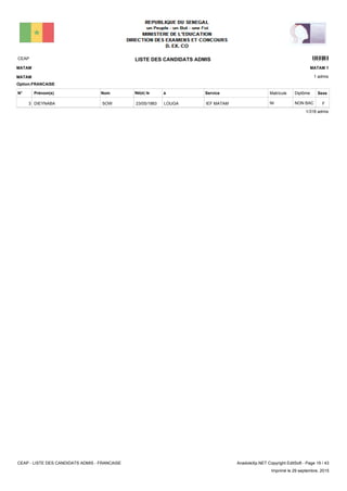 LISTE DES CANDIDATS ADMISCEAP 9201
1 admis
Prénom(s) Nom ServiceN° Né(e) le à Sexe
MATAM
MATAM
MATAM 1
Matricule Diplôme
Option:FRANCAISE
IEF MATAMLOUGA23/05/1983DIEYNABA SOW3 FNON BACNI
1/318 admis
CEAP - LISTE DES CANDIDATS ADMIS - FRANCAISE AnadoleXp.NET Copyright EditSoft - Page 19 / 43
Imprimé le 29 septembre, 2015
 
