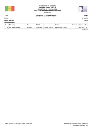 LISTE DES CANDIDATS ADMISCEAP 1201
1 admis
Prénom(s) Nom ServiceN° Né(e) le à Sexe
DAKAR
DAKAR PLATEAU
GS MEDINA
Matricule Diplôme
Option:FRANCAISE
IEF DAKAR PLATEAUFADENE YABOYE07/06/1985PHILOMENE YOUMA NDIONE10 FNON BAC
1/318 admis
CEAP - LISTE DES CANDIDATS ADMIS - FRANCAISE AnadoleXp.NET Copyright EditSoft - Page 2 / 43
Imprimé le 29 septembre, 2015
 