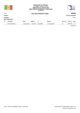 LISTE DES CANDIDATS ADMISCEAP 11201
1 admis
Prénom(s) Nom ServiceN° Né(e) le à Sexe
SEDHIOU
GOUDOMP
LYCEE DE GOUDOMP
Matricule Diplôme
Option:FRANCAISE
IEF GOUDOMPGOUDOMP18/10/1979ERIC SERAPHIN BALACOUNE1 MNON BACNI
1/318 admis
CEAP - LISTE DES CANDIDATS ADMIS - FRANCAISE AnadoleXp.NET Copyright EditSoft - Page 23 / 43
Imprimé le 29 septembre, 2015
 