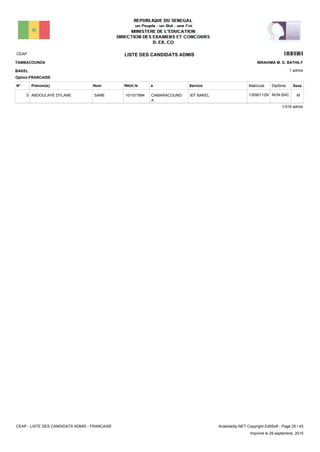 LISTE DES CANDIDATS ADMISCEAP 12101
1 admis
Prénom(s) Nom ServiceN° Né(e) le à Sexe
TAMBACOUNDA
BAKEL
IBRAHIMA M. D. BATHILY
Matricule Diplôme
Option:FRANCAISE
IEF BAKELCAMARACOUND
A
10/10/1984ABDOULAYE DYLANE SANE5 MNON BAC130901129/D
1/318 admis
CEAP - LISTE DES CANDIDATS ADMIS - FRANCAISE AnadoleXp.NET Copyright EditSoft - Page 25 / 43
Imprimé le 29 septembre, 2015
 