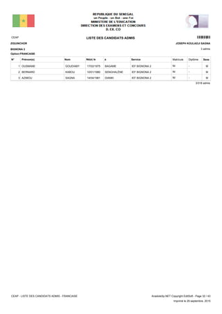 LISTE DES CANDIDATS ADMISCEAP 14201
3 admis
Prénom(s) Nom ServiceN° Né(e) le à Sexe
ZIGUINCHOR
BIGNONA 2
JOSEPH KOULADJI SAGNA
Matricule Diplôme
Option:FRANCAISE
IEF BIGNONA 2BAGAME17/02/1975OUSMANE GOUDIABY1 M-NI
IEF BIGNONA 2SENGHALÈNE10/01/1980BERNARD KABOU2 M-NI
IEF BIGNONA 2DIANKI14/04/1961AZIMOU SAGNA3 M-NI
3/318 admis
CEAP - LISTE DES CANDIDATS ADMIS - FRANCAISE AnadoleXp.NET Copyright EditSoft - Page 32 / 43
Imprimé le 29 septembre, 2015
 
