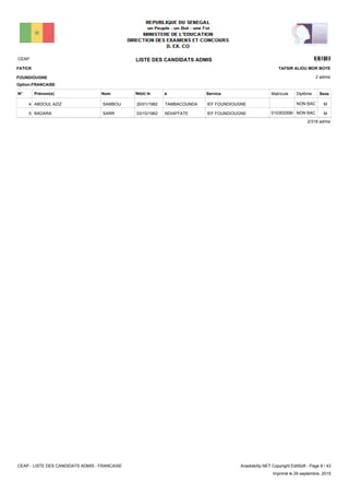 LISTE DES CANDIDATS ADMISCEAP 3301
2 admis
Prénom(s) Nom ServiceN° Né(e) le à Sexe
FATICK
FOUNDIOUGNE
TAFSIR ALIOU MOR BOYE
Matricule Diplôme
Option:FRANCAISE
IEF FOUNDIOUGNETAMBACOUNDA20/01/1982ABDOUL AZIZ SAMBOU4 MNON BAC
IEF FOUNDIOUGNENDIAFFATE03/10/1962BADARA SARR5 MNON BAC010302006/Z
2/318 admis
CEAP - LISTE DES CANDIDATS ADMIS - FRANCAISE AnadoleXp.NET Copyright EditSoft - Page 8 / 43
Imprimé le 29 septembre, 2015
 