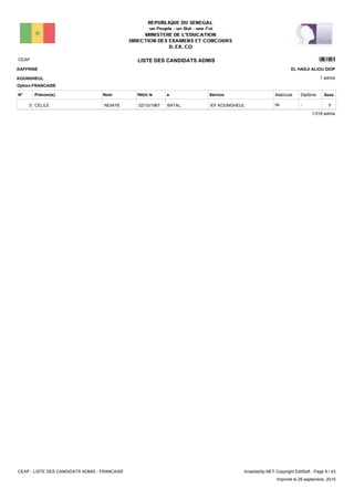 LISTE DES CANDIDATS ADMISCEAP 4301
1 admis
Prénom(s) Nom ServiceN° Né(e) le à Sexe
KAFFRINE
KOUNGHEUL
EL HADJI ALIOU DIOP
Matricule Diplôme
Option:FRANCAISE
IEF KOUNGHEULBATAL02/10/1967CELILE NDIAYE0 F-NI
1/318 admis
CEAP - LISTE DES CANDIDATS ADMIS - FRANCAISE AnadoleXp.NET Copyright EditSoft - Page 9 / 43
Imprimé le 29 septembre, 2015
 