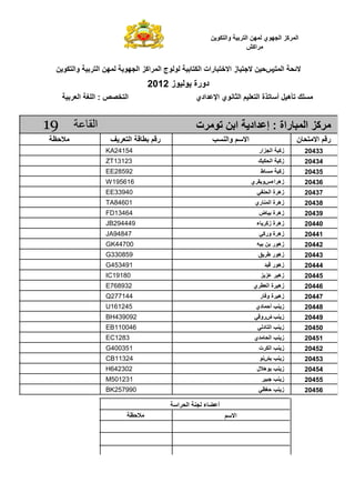 ‫$ وا *# ,‬      ‫ا " آ2 ا 53#ي "3, ا‬
                                                                  ‫اآ6‬


 ‫$ وا *# ,‬       ‫"3, ا‬   ‫ا " : $, 9 $ ز ا 8 1 رات ا * $ # #ج ا " اآ2 ا 53#‬                  ‫;‬
                                ‫دورة # $#ز 2102‬
     ‫$‬   ‫ا ‪ : FGH‬ا ?‪ E‬ا‬                        ‫?‪C( D‬ه$‪ B‬أ (@ة ا ?$ ا > =#ي ا< !ادي‬


‫91‬           ‫ا‬                                 ‫آ2 ا "1 راة : إ !اد ا , (# ت‬
                            ‫ا‬      ‫ر‬                     ‫وا‬       ‫ا‬                             ‫ن‬      ‫ر ا‬
                   ‫45142‪KA‬‬                                                ‫زآ$ ا 52ار‬                ‫33402‬
                   ‫32131‪ZT‬‬                                                ‫زآ$ ا *$‪D‬‬                 ‫43402‬
                   ‫29582‪EE‬‬                                                  ‫ط‬         ‫زآ$‬           ‫53402‬
                   ‫616591‪W‬‬                                            ‫زه اء :# ‪ Y‬ي‬                  ‫63402‬
                   ‫04933‪EE‬‬                                              ‫)'‬        ‫زه ة ا‬            ‫73402‬
                   ‫10648‪TA‬‬                                             ‫زه ة ا " ري‬                  ‫83402‬
                   ‫46431‪FD‬‬                                                ‫زه ة $ ض‬                  ‫93402‬
                   ‫944492‪JB‬‬                                             ‫زه ة زآ ء‬                   ‫04402‬
                   ‫74849‪JA‬‬                                                ‫زه ة ورآ'‬                 ‫14402‬
                   ‫00744‪GK‬‬                                              ‫زه#ر , $‪l‬‬                   ‫24402‬
                   ‫958033‪G‬‬                                                ‫زه#ر ‪Z M‬‬                  ‫34402‬
                   ‫194354‪G‬‬                                                      ‫زه#ر $!‬             ‫44402‬
                   ‫08191‪IC‬‬                                                ‫22‬          ‫زه$‬           ‫54402‬
                   ‫239867‪E‬‬                                            ‫ي‬          ‫زه$ ة ا‬            ‫64402‬
                   ‫441772‪Q‬‬                                                ‫زه$ ة و‪ N‬ر‬                ‫74402‬
                   ‫542161‪U‬‬                                             ‫أ " دي‬          ‫ز‬            ‫84402‬
                   ‫290934‪BH‬‬                                            ‫ا: و '‬          ‫ز‬            ‫94402‬
                   ‫640011‪EB‬‬                                             ‫ا د'‬           ‫ز‬            ‫05402‬
                   ‫3821‪EC‬‬                                              ‫!ي‬         ‫ا‬    ‫ز‬            ‫15402‬
                   ‫153004‪G‬‬                                                ‫ا* ت‬         ‫ز‬            ‫25402‬
                   ‫42311‪CB‬‬                                                ‫:#‬           ‫ز‬            ‫35402‬
                   ‫203246‪H‬‬                                              ‫#ه ل‬           ‫ز‬            ‫45402‬
                   ‫132105‪M‬‬                                                      ‫91$‬    ‫ز‬            ‫55402‬
                   ‫099752‪BK‬‬                                               ‫‪' E‬‬          ‫ز‬            ‫65402‬

                                         ‫ا‬   ‫أ ‪K‬ء 5 ا‬
                                                              ‫ا‬
 