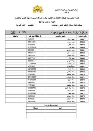 ‫$ وا *# ,‬      ‫ا " آ2 ا 53#ي "3, ا‬
                                                                  ‫اآ6‬


 ‫$ وا *# ,‬       ‫"3, ا‬   ‫ا " : $, 9 $ ز ا 8 1 رات ا * $ # #ج ا " اآ2 ا 53#‬                ‫;‬
                                 ‫دورة # $#ز 2102‬
     ‫$‬   ‫ا ‪ : FGH‬ا ?‪ E‬ا‬                        ‫?‪C( D‬ه$‪ B‬أ (@ة ا ?$ ا > =#ي ا< !ادي‬


‫02‬           ‫ا‬                                 ‫آ2 ا "1 راة : إ !اد ا , (# ت‬
                             ‫ا‬     ‫ر‬                     ‫وا‬       ‫ا‬                           ‫ن‬      ‫ر ا‬
                   ‫780743‪I‬‬                                            ‫ز ا='‬           ‫ز‬           ‫75402‬
                   ‫628513‪BJ‬‬                                            ‫‪ 1Q‬ي‬           ‫ز‬           ‫85402‬
                   ‫22895‪BB‬‬                                                ‫‪' $M‬‬        ‫ز‬           ‫95402‬
                   ‫901932‪BH‬‬                                               ‫‪ N‬ح‬         ‫ز‬           ‫06402‬
                   ‫0579‪DO‬‬                                             ‫5#‪'M‬‬            ‫ز‬           ‫16402‬
                   ‫911323‪BJ‬‬                                           ‫‪#3I‬ر‬            ‫ز‬           ‫26402‬
                   ‫822751‪U‬‬                                            ‫$?#دي‬           ‫ز‬           ‫36402‬
                   ‫224773‪BJ‬‬                                                  ‫ه1‬       ‫ز‬           ‫46402‬
                   ‫748893‪JB‬‬                                            ‫ا !اودي‬        ‫ز‬           ‫56402‬
                   ‫111671‪CD‬‬                                            ‫رة ا ?#ي‬                   ‫66402‬
                   ‫084093‪M‬‬                                             ‫1#ب‬        ‫$‬               ‫76402‬
                   ‫084331‪UC‬‬                                               ‫د ا !وا‬                 ‫86402‬
                   ‫687253‪BK‬‬                                           ‫'‬        ‫دا1‬                ‫96402‬
                   ‫598393‪G‬‬                                            ‫د ا 5#ي‬                     ‫07402‬
                   ‫059011‪QA‬‬                                           ‫د ا != وي‬                   ‫17402‬
                   ‫410072‪BH‬‬                                               ‫دا 22‬                   ‫27402‬
                   ‫01378‪PA‬‬                                             ‫د ا #ري‬                    ‫37402‬
                   ‫24487‪PB‬‬                                            ‫د ا 3*$#ي‬                   ‫47402‬
                   ‫527553‪EE‬‬                                       ‫د او د ا 2 ,‬                    ‫57402‬
                   ‫82374‪PB‬‬                                            ‫د أ ‪ a‬إ !ر‬                  ‫67402‬
                   ‫643221‪AB‬‬                                               ‫9'‬      ‫د‬               ‫77402‬
                   ‫866395‪A‬‬                                            ‫د )$‪'K‬‬                      ‫87402‬
                   ‫603105‪I‬‬                                            ‫د "2اوي‬                     ‫97402‬
                   ‫893862‪BJ‬‬                                           ‫د "2اوي‬                     ‫08402‬

                                         ‫ا‬   ‫أ ‪K‬ء 5 ا‬
                                                              ‫ا‬
 