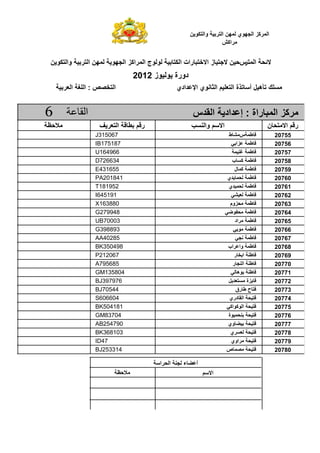 ‫$ وا *# ,‬      ‫ا " آ2 ا 53#ي "3, ا‬
                                                                 ‫اآ6‬


‫$ وا *# ,‬       ‫"3, ا‬   ‫ا " : $, 9 $ ز ا 8 1 رات ا * $ # #ج ا " اآ2 ا 53#‬             ‫;‬
                               ‫دورة # $#ز 2102‬
    ‫$‬   ‫ا ‪ : FGH‬ا ?‪ E‬ا‬                        ‫?‪C( D‬ه$‪ B‬أ (@ة ا ?$ ا > =#ي ا< !ادي‬


‫6‬           ‫ا‬                                      ‫آ2 ا "1 راة : إ !اد ا ‪!Y‬س‬
                         ‫ا‬        ‫ر‬                     ‫وا‬       ‫ا‬                        ‫ن‬      ‫ر ا‬
                  ‫760513‪J‬‬                                              ‫‪ I": "M N‬ط‬             ‫55702‬
                  ‫781571‪IB‬‬                                              ‫‪2 "M N‬ا '‬             ‫65702‬
                  ‫669461‪U‬‬                                                 ‫‪"$ P "M N‬‬           ‫75702‬
                  ‫436627‪D‬‬                                                ‫‪ "M N‬آ ب‬             ‫85702‬
                  ‫556134‪E‬‬                                                 ‫‪ "M N‬آ" ل‬           ‫95702‬
                  ‫148102‪PA‬‬                                            ‫‪! " "M N‬ي‬               ‫06702‬
                  ‫259181‪T‬‬                                              ‫‪!$" "M N‬ي‬              ‫16702‬
                  ‫191546‪I‬‬                                               ‫‪'I$ "M N‬‬              ‫26702‬
                  ‫088361‪X‬‬                                               ‫2وم‬    ‫‪"M N‬‬           ‫36702‬
                  ‫849972‪G‬‬                                            ‫)#‪'V‬‬      ‫‪"M N‬‬           ‫46702‬
                  ‫30007‪UB‬‬                                                 ‫اد‬   ‫‪"M N‬‬           ‫56702‬
                  ‫398893‪G‬‬                                                ‫‪' # "M N‬‬             ‫66702‬
                  ‫58204‪AA‬‬                                                 ‫‪'5= "M N‬‬            ‫76702‬
                  ‫894053‪BK‬‬                                            ‫‪ "M N‬وا اب‬              ‫86702‬
                  ‫760212‪P‬‬                                                 ‫‪ MN‬ا‪H‬ر‬              ‫96702‬
                  ‫586597‪A‬‬                                                ‫‪ MN‬ا 5ر‬              ‫07702‬
                  ‫408531‪GM‬‬                                              ‫‪# M N‬ه '‬              ‫17702‬
                  ‫679793‪BJ‬‬                                             ‫!‪B‬‬      ‫‪2 N‬ة‬           ‫27702‬
                  ‫44507‪BJ‬‬                                                 ‫‪ N‬ح ‪ M‬رق‬            ‫37702‬
                  ‫406606‪S‬‬                                              ‫‪ $ N‬ا ‪ Y‬دري‬            ‫47702‬
                  ‫181405‪BK‬‬                                            ‫‪ $ N‬ا #آ#اآ'‬            ‫57702‬
                  ‫40738‪GM‬‬                                              ‫"$#ة‬      ‫‪$N‬‬           ‫67702‬
                  ‫097452‪AB‬‬                                            ‫‪ K$ $ N‬وي‬               ‫77702‬
                  ‫301863‪BK‬‬                                              ‫ي‬        ‫‪$N‬‬           ‫87702‬
                  ‫74‪ID‬‬                                                  ‫اوي‬      ‫‪$N‬‬           ‫97702‬
                  ‫413352‪BJ‬‬                                           ‫‪ "G‬ص‬        ‫‪$N‬‬           ‫08702‬

                                        ‫ا‬   ‫أ ‪K‬ء 5 ا‬
                                                             ‫ا‬
 