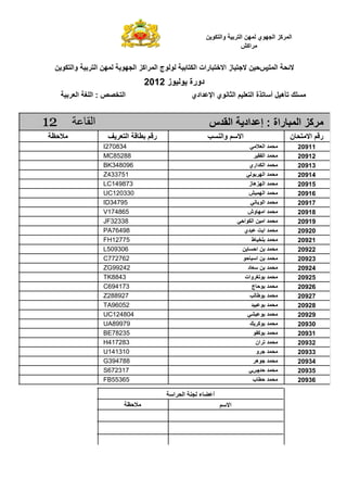 ‫$ وا *# ,‬       ‫ا " آ2 ا 53#ي "3, ا‬
                                                                   ‫اآ6‬


 ‫$ وا *# ,‬       ‫"3, ا‬   ‫ا " : $, 9 $ ز ا 8 1 رات ا * $ # #ج ا " اآ2 ا 53#‬           ‫;‬
                                ‫دورة # $#ز 2102‬
     ‫$‬   ‫ا ‪ : FGH‬ا ?‪ E‬ا‬                        ‫?‪C( D‬ه$‪ B‬أ (@ة ا ?$ ا > =#ي ا< !ادي‬


‫21‬           ‫ا‬                                      ‫آ2 ا "1 راة : إ !اد ا ‪!Y‬س‬
                          ‫ا‬        ‫ر‬                     ‫وا‬         ‫ا‬                    ‫ن‬      ‫ر ا‬
                   ‫438072‪I‬‬                                              ‫'‬     ‫"! ا‬           ‫11902‬
                   ‫88258‪MC‬‬                                                ‫"! ا )‪$Y‬‬           ‫21902‬
                   ‫690843‪BK‬‬                                            ‫"! ا *!اري‬            ‫31902‬
                   ‫157334‪Z‬‬                                           ‫"! ا 3 # '‬              ‫41902‬
                   ‫378941‪LC‬‬                                           ‫"! ا 32ه ز‬             ‫51902‬
                   ‫033021‪UC‬‬                                           ‫"! ا 3"$6‬              ‫61902‬
                   ‫59743‪ID‬‬                                             ‫"! ا # ='‬             ‫71902‬
                   ‫568471‪V‬‬                                            ‫"! ا 3 وش‬              ‫81902‬
                   ‫83323‪JF‬‬                                        ‫"! ا $, ا *#ا '‬            ‫91902‬
                   ‫89467‪PA‬‬                                          ‫"! ا ‪!1 a‬ي‬               ‫02902‬
                   ‫57721‪FH‬‬                                              ‫"! ?‪ $H‬ط‬             ‫12902‬
                   ‫603905‪L‬‬                                         ‫,‬      ‫"! , ا‬             ‫22902‬
                   ‫267277‪C‬‬                                          ‫"! , ا 1 #‬               ‫32902‬
                   ‫24299‪ZG‬‬                                            ‫"! , د‬                 ‫42902‬
                   ‫3488‪TK‬‬                                            ‫"! #(‪ E‬وات‬              ‫52902‬
                   ‫371496‪C‬‬                                              ‫"! # ج‬               ‫62902‬
                   ‫729882‪Z‬‬                                                ‫"! #‪M‬‬              ‫72902‬
                   ‫25069‪TA‬‬                                             ‫"! # 1$!‬              ‫82902‬
                   ‫408421‪UC‬‬                                           ‫"! # $‪'I‬‬               ‫92902‬
                   ‫97998‪UA‬‬                                             ‫"! #آ ‪D‬‬               ‫03902‬
                   ‫53287‪BE‬‬                                              ‫"! #آ)#‬              ‫13902‬
                   ‫382714‪H‬‬                                                ‫"! ( ان‬            ‫23902‬
                   ‫013141‪U‬‬                                                ‫"! 9 و‬             ‫33902‬
                   ‫887493‪G‬‬                                                ‫"! 9#ه‬             ‫43902‬
                   ‫713276‪S‬‬                                            ‫"! !و:'‬                ‫53902‬
                   ‫56355‪FB‬‬                                              ‫ب‬       ‫"!‬           ‫63902‬

                                         ‫ا‬   ‫أ ‪K‬ء 5 ا‬
                                                              ‫ا‬
 