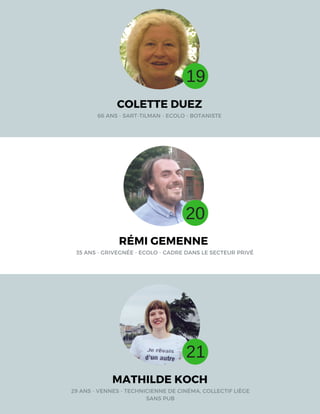 COLETTE DUEZ
66 ANS - SART-TILMAN - ECOLO - BOTANISTE
RÉMI GEMENNE
35 ANS - GRIVEGNÉE - ECOLO - CADRE DANS LE SECTEUR PRIVÉ
MATHILDE KOCH
29 ANS - VENNES - TECHNICIENNE DE CINÉMA, COLLECTIF LIÈGE
SANS PUB
19
20
21
 