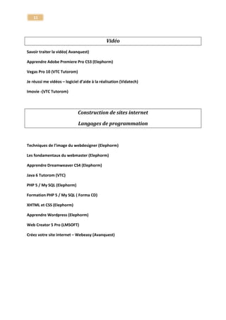 11 
Modélisation|Animation|Eclairage|Rendu 
Tuto Cinema 4D - Notions fondamentales 
Cinema 4D 
Tuto Cinema 4D 10.5 - Architecture, Design et Mécanique 
Cinema 4D 
Tuto Cinema4D V11.5 Les fondamentaux 
Cinema 4D 
Tuto Ateliers - Cinema 4D 12 
Cinema 4D 
Tuto Combustion 2008 
Combustion 2008 
Community Manager avec Facebook et Twitter 
Community Manager - Facebook et Twitter 
Apprendre Corel Painter 12 - Atelier créatif 
Corel Painter 12 
Tuto Cubase 4 
Cubase 
Apprendre Cubase 6 - Techniques Avancées 
Cubase 6 
Apprendre Cubase 6, Les fondamentaux 
Cubase 6 
Atelier Electro Dance avec Cubase 7 - Créez votre composition electro ! 
Cubase 7 
Cubase 7 - Les nouveautés 
Cubase 7 
Apprendre l'étalonnage numérique avec DaVinci Resolve 9 
DaVinci Resolve 9 
L'étalonnage vidéo avec DaVinci Resolve 9 - Les techniques avancées 
DaVinci Resolve 9 
Apprendre le Digital Publishing - avec Aquafadas 
Digital Publishing 
Dreamweaver dynamique CS5 avec PHP-MySQL 
Dreamweaver 
Tuto Dreamweaver CS4 
Dreamweaver  