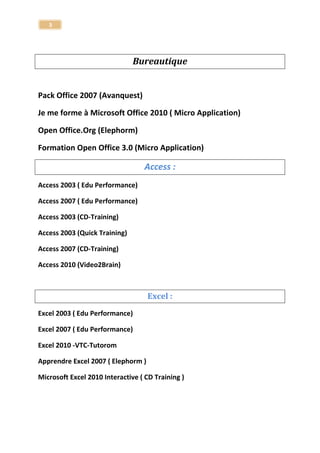 3 
Systemes d'exploitation Formation CDROM 
J'apprends Windows Vista (268) 
Pack Windows Vista cd 1 (344) 
Pack Windows Vista cd 2 DVD video Media center(345) 
Je me forme à Windows 7 complet.PC (81 ) 
Formation Windows 7 (132) 
Windows 7 Tutorom (47) 
Windows 8 Tutorom (319) 
Formation windows 8 Vodeclic-PC 
Windows-8- video2brain 8 (PC) 
Systemes d'exploitation via ToutApprendre 
Windows XP - Tout Apprendre (Eduperformance) 
Windows Vista - Tout Apprendre (Eduperformance) 
Windows 7 - Tout Apprendre (Eduperformance) 
Windows 8 - Tout Apprendre (Eduperformance) 
Windows 8.1 ToutApprendre (Elephorm ) 
OS Mac ToutApprendre (Elephorm )  
