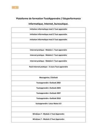 6 
Multimedia 
Formations mulimédia via ToutApprendre catalogue Elephorm 
Savoir traiter Photo-Vidéo-Musique-Son 
Débuter avec Photoshop 
Gimp 2.6 Divers 
code de la route MicroApp 
code de la route via ToutApprendre 
 