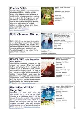 acteurs : Jürgen Vogel, Jördis
Emmas Glück                                                                                 Triebel, ...
Max est employé chez un concessionnaire                                                     Réalisateur : Sven Taddicken
automobile. Lorsqu’il apprend qu’il est
atteint d’un cancer en phase terminale, il                                                  sortie : 2006
décide de fuir au Mexique après avoir volé
sur un coup de tête de l’argent à son seul                                                  âge conseillé : 12
ami. Mais le hasard d’un accident de la                                                     sous-titres : -
route le conduit à un élevage de cochons
tenu par une jeune femme sauvage,
solitaire et criblée de dettes. Une relation
amoureuse naîtra entre eux.
    Site officiel du film : http://emmas-
glueck.pandorafilmverleih.de/

                                                                                          acteurs : Nadja Uhl, Aaron Altaras,
Nicht alle waren Mörder                                                                   Maria Simon, Dagmar Manzel,
                                                                                          Hannelore Elsner, Richy Müller,
                                                                                          Katharina Thalbach, Axel Prahl

                                                                                          Réalisateur : Jo Baier
Berlin, 1943. Anna, une jeune femme juive                                                 (d’après le roman autobiographique de
et son fils Michael parviennent à échapper                                                Michael Degen)
de justesse aux nazis. C’est le début d'un
                                                                                          sortie : 2006
terrible périple de deux ans. Grâce à l'aide
de certains Allemands qui leur offrent                                                    âge conseillé : 16
l'hospitalité au péril de leur propre vie, ils                   sous-titres : allemand
parviennent à survivre.
                                                                 accessibilité : malentendants



                                                                                              acteurs : Ben Whishaw, Dustin
Das Parfum – die Geschichte                                                                   Hoffman, Alan Rickman
eines Mörders                                                                                 Réalisateur : Tom Tykwer
Jean-Baptiste Grenouille possède un don
                                                                                              sortie : 2006
unique, son odorat. Chez les grands
maîtres parfumeurs, il va découvrir les                                                       âge conseillé : 12
techniques de la fabrication des parfums
                                                                                              Langues : allemand - anglais
afin d’atteindre son but ultime : la mise au
point d’une fragrance qui lui permettrait de                                                  sous-titres : allemand
séduire instantanément tous ceux qui
                                                                                              accessibilité : malentendants –
croiseraient son sillage. Dans sa recherche                                                   malvoyants
d'ingrédients, Grenouille est irrésistiblement
attiré par le parfum naturel des jeunes filles
qu’il ira jusqu'à tuer pour voler leur odeur...
    Site officiel du film : http://www.parfum.film.de/

                                                                                                 acteurs : Markus Krojer, Fritz Karl,
Wer früher stirbt, ist                                                                           Jule Ronstedt, Jürgen Tonkel,
                                                                                                 Saskia Vester
länger tot                                                                                       Réalisateur : Marcus H.
Sebastian, 11 ans, croit qu’il est                                                               Rosenmüller
responsable de la mort de sa mère,
                                                                                                 sortie : 2006
décédée à sa naissance. Pour avoir une
chance de monter au ciel, il est persuadé                                                        âge conseillé : 6
de devoir réaliser une bonne action et se
                                                                                                 sous-titres : allemand
met en tête de trouver pour son père une
nouvelle compagne. Mais ses tentatives
maladroites ne font qu’aggraver la situation
    Site officiel du film : http://www.wer-frueher-stirbt-ist-
laenger-tot.de/der-film.html
 