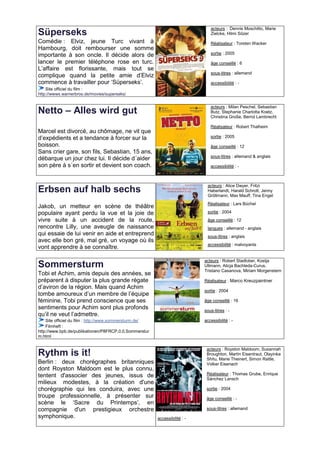 acteurs : Dennis Moschitto, Marie
Süperseks                                                                       Zielcke, Hilmi Sözer
Comédie : Elviz, jeune Turc vivant à                                            Réalisateur : Torsten Wacker
Hambourg, doit rembourser une somme
importante à son oncle. Il décide alors de                                      sortie : 2005

lancer le premier téléphone rose en turc.                                       âge conseillé : 6
L’affaire est florissante, mais tout se
                                                                                sous-titres : allemand
complique quand la petite amie d’Elviz
commence à travailler pour ‘Süperseks’.                                         accessibilité : -
    Site officiel du film :
http://wwws.warnerbros.de/movies/superseks/

                                                                                acteurs : Milan Peschel, Sebastian
Netto – Alles wird gut                                                          Butz, Stephanie Charlotta Koetz,
                                                                                Christina Große, Bernd Lambrecht

                                                                                Réalisateur : Robert Thalheim
Marcel est divorcé, au chômage, ne vit que
d’expédients et a tendance à forcer sur la                                      sortie : 2005
boisson.                                                                        âge conseillé : 12
Sans crier gare, son fils, Sebastian, 15 ans,
                                                                                sous-titres : allemand & anglais
débarque un jour chez lui. Il décide d´aider
son père à s´en sortir et devient son coach.                                    accessibilité : -



                                                                              acteurs : Alice Dwyer, Fritzi
Erbsen auf halb sechs                                                         Haberlandt, Harald Schrott, Jenny
                                                                              Gröllmann, Max Mauff, Tina Engel
                                                                              Réalisateur : Lars Büchel
Jakob, un metteur en scène de théâtre
populaire ayant perdu la vue et la joie de                                    sortie : 2004
vivre suite à un accident de la route,                                        âge conseillé : 12
rencontre Lilly, une aveugle de naissance                                     langues : allemand - anglais
qui essaie de lui venir en aide et entreprend                                 sous-titres : anglais
avec elle bon gré, mal gré, un voyage où ils
                                                                              accessibilité : malvoyants
vont apprendre à se connaître.

                                                                             acteurs : Robert Stadlober, Kostja
Sommersturm                                                                  Ullmann, Alicja Bachleda-Curus,
                                                                             Tristano Casanova, Miriam Morgenstern
Tobi et Achim, amis depuis des années, se
préparent à disputer la plus grande régate                                   Réalisateur : Marco Kreuzpaintner
d’aviron de la région. Mais quand Achim
                                                                             sortie : 2004
tombe amoureux d’un membre de l’équipe
féminine, Tobi prend conscience que ses                                      âge conseillé : 16
sentiments pour Achim sont plus profonds                                     sous-titres : -
qu’il ne veut l’admettre.
    Site officiel du film : http://www.sommersturm.de/                       accessibilité : -
    Filmheft :
http://www.bpb.de/publikationen/P8FRCP,0,0,Sommerstur
m.html

                                                                              acteurs : Royston Maldoom, Susannah
Rythm is it!                                                                  Broughton, Martin Eisentraut, Olayinka
                                                                              Shitu, Marie Theinert, Simon Rattle,
Berlin : deux chorégraphes britanniques                                       Volker Eisenach
dont Royston Maldoom est le plus connu,
tentent d'associer des jeunes, issus de                                       Réalisateur : Thomas Grube, Enrique
                                                                              Sánchez Lansch
milieux modestes, à la création d'une
chorégraphie qui les conduira, avec une                                       sortie : 2004
troupe professionnelle, à présenter sur                                       âge conseillé : -
scène le ‘Sacre du Printemps’, en
compagnie d'un prestigieux orchestre                                          sous-titres : allemand
symphonique.                                             accessibilité : -
 