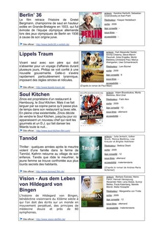 acteurs : Karoline Herfurth, Sebastian
Berlin’ 36                                                                        Urzendowsky et Axel Prahl
Le film retrace l’histoire de Gretel                                              Réalisateur : Kaspar Heidelbach
Bergmann, championne de saut en hauteur                                           sortie : 2009
exilée en Grande-Bretagne en 1933, qui fut                                        âge conseillé : -
évincée de l’équipe olympique allemande
                                                                                  sous-titres : -
lors des jeux olympiques de Berlin en 1936
à cause de son origine juive.                                                     accessibilité : -


   Site officiel   : http://www.berlin36.x-verleih.de/

                                                                                    acteurs : Karl Alexander Seidel,
Lippels Traum                                                                       Amrita Cheema, Steve-Marvin
                                                                                    Dwumah, Anke Engelke, Moritz
                                                                                    Bleibtreu,Christiane Paul, Marius
Vivant seul avec son père qui doit                                                  Weingarten, Uwe Ochsenknecht
s'absenter pour un voyage d'affaires durant                                         Réalisateur : Lars Büchel
plusieurs jours, Philipp se voit confié à une                                       sortie : 2009
nouvelle gouvernante. Celle-ci s'avère
                                                                                    âge conseillé : 6
rapidement particulièrement tyrannique,
                                                                                    sous-titres : -
imposant des règles strictes et ridicules.
                                                                                   accessibilité : -
                                                         (D’après le roman de Paul Maar)
   Site officiel   : http://www.lippels-traum.de/
                                                                                    acteurs : Adam Bousdoukos, Moritz
Soul Kitchen                                                                        Bleibtreu, Birol Ünel
Zinos est propriétaire d’un restaurant à                                            Réalisateur : Fatih Akin
Hambourg, le Soul Kitchen. Mais il se fait                                          sortie : 2009
larguer par sa copine parce qu'il passe plus                                        âge conseillé : 12
de temps dans son restaurant qu'avec elle.
                                                                                    sous-titres : allemand
En pleine crise existentielle, Zinos décide
de vendre le Soul Kitchen, jusqu'au jour où                                         accessibilité : -
apparaissent un nouveau chef qui ravit les
gourmets et un D.J. qui fait danser les
fêtards toute la nuit...
   Site officiel : http://www.soul-kitchen-film.com/

                                                                                  acteurs : Julia Jentsch, Volker
Tannöd                                                                            Bruch, Monica Bleibtreu, Lisa
                                                                                  Kreuzer et Brigitte Hobmeier
                                                                                  Réalisateur : Bettina Oberli
Thriller : quelques années après le meurtre
violent d'une famille dans la ferme de                                            sortie : 2009
Tannöd, Kathrin retourne au village de son                                        âge conseillé : 12
enfance. Tandis que rôde le meurtrier, la                                         sous-titres : allemand
jeune femme se trouve confrontée aux plus                                         accessibilité : malentendants
lourds secrets des habitants.
                                                                                  (D’après le roman de Andrea Maria
                                                                                  Schenkel)
   Site officiel   : http://www.tannoed.film.de/
                                                                                    acteurs : Barbara Sukowa, Heino
Vision - Aus dem Leben                                                              Ferch, Hannah Herzsprung,
                                                                                    Alexander Held, Lena Stolze, Sunnyi
von Hildegard von                                                                   Melles, Paula Kalenberg, Mareile
                                                                                    Blendl, Stella Holzapfel
Bingen                                                                              Réalisateur : Margarethe von Trotta

L'histoire de Hildegard von Bingen,                                                 sortie : 2009
bénédictine visionnaire du XIIème siècle à                                          âge conseillé : 12
qui l'on doit des écrits sur un monde en                                            sous-titres : allemand
mouvement perpétuel, des principes de
                                                                                    accessibilité : malentendants
médecine     douce    et   près  de     80
symphonies.

   Site officiel   : http://www.vision-derfilm.de/
 