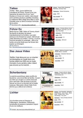 acteurs : August Diehl, Nadeshda
Tattoo                                                     Brennicke, Christian Redl
Thriller : Marc, jeune diplômé de                          Réalisateur : Robert Schwentke
l’Académie de Police, réussit à fuir une
descente de police lors d’une “rave”.                      sortie : 2002

Quelqu’un trouve son veston, dans lequel                   âge conseillé : 16
sont cachées plusieurs pastilles d’ecstasy.
                                                           sous-titres : allemand
Le détective Mike oblige alors Marc à venir
travailler avec lui dans la section homicide
de la police.
   Site officiel du film : http://www.tattoo-derfilm.de/

                                                               acteurs : Christian Blümel, Aaron
Führer Ex                                                      Hildebrand, Jule Flierl, Luci van
                                                               Org, Harry Baer
Berlin-Est en 1986. Heiko et Tommy rêvent
de liberté et décident de passer                               réalisateur : Winfried Bonengel
clandestinement la frontière. Leur plan                        sortie : 2002
échoue et ils finissent en prison. Démoli par                  âge conseillé : 12
cette descente aux enfers, Tommy, un jeune
                                                               sous-titres : allemand
homme sensible et vulnérable, offre à sa
sortie une proie facile pour les forces néo-
nazies qui émergent.
    Site officiel du
film : http://www.fuehrerex.de/start/index.htm

                                                              acteurs : Matthias Koeberlin, Naike
Das Jesus Video                                               Rivelli, Manou Lubowski
                                                              réalisateur : Sebastian Niemann
                                                              sortie : 2002
Steffen Vogt découvre sur un chantier                         âge conseillé : 16
archéologique en Israël dans une
                                                              sous-titres : néant
tombe datant de 2000 ans le mode
d’emploi d’une caméra vidéo n’étant
pas encore sur le marché …



Scherbentanz                                                 acteurs : Roxanne Borski, Margit
                                                             Carstensen, Peter Davor, Dietrich
                                                             Hollinderbaeumer
Le peintre excentrique Jesko souffre de
                                                             Réalisateur : Chris Kraus
leucémie. Lors d'une fête de famille, il revoit
sa mère qui vit dans un centre d'accueil                     sortie : 2002
pour sans-abri. Elle est seule à pouvoir
                                                             âge conseillé : 12
sauver sa vie en lui donnant de la moelle
osseuse. Mais jesko refuse l'aide d'une                      sous-titres : néant
femme qui a détruit son enfance.


                                                             acteurs : Ivan Shvedoff , Sebastian
Lichter                                                      Urzendowsky , Alice Dwyer , Martin
                                                             Kiefer , Sergei Frolov , Anna
                                                             Janovksaya , Tom Jahn
                                                             réalisateur : Hans Christian Schmid
                                                             sortie : 2002
A la frontière entre la Pologne et
                                                             âge conseillé : 12
l’Allemagne, clandestins, trafiquants,
prostituées et passeurs caressent l’espoir                   sous-titres : néant
d’une vie meilleure.

   Filmheft : http://www.bpb.de/files/KZWA8C.pdf
 