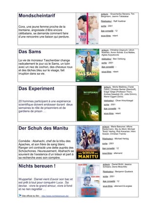 acteurs : Gruschenka Stevens, Tim
Mondscheintarif                                          Bergmann, Jasmin Tabatabai

                                                         Réalisateur : Ralf Huettner

Cora, une jeune femme proche de la                       sortie : 2001

trentaine, angoissée d’être encore                       âge conseillé : 12
célibataire, se demande comment faire
                                                         sous-titres : néant
d’une rencontre une liaison qui perdure.



                                                         acteurs : Christine Urspruch, Ulrich
Das Sams                                                 Noethen, Armin Rohde, Eva Mattes,
                                                         Aglaia Szyszkovitz
                                                         réalisateur : Ben Verbong
La vie de monsieur Taschenbier change
                                                         sortie : 2001
radicalement le jour où le Sams, un lutin
avec un nez de cochon, des cheveux roux                  âge conseillé : -
et des tâches bleu sur le visage, fait                   sous-titres : néant
irruption dans sa vie.



                                                            acteurs : Moritz Bleibtreu (Tarek
Das Experiment                                              Fahd), Christian Berkel (Steinhoff),
                                                            Edgar Selge (Professor Thon),
                                                            Andrea Sawatzki (Dr. Jutta Grimm),
                                                            Maren Eggert (Dora)

20 hommes participant à une expérience                      réalisateur : Oliver Hirschbiegel

scientifique doivent endosser durant deux                   sortie : 2001
semaines le rôle de prisonniers et de                       âge conseillé : 16
gardiens de prison …
                                                            sous-titres : néant




                                                          acteurs : Marie Baeumer, Alfons
Der Schuh des Manitu                                      Biedermann, Sky du Mont, Michael
                                                          "Bully" Herbig, Rick Kavanian, Hilmi
                                                          Soezer, Christian Tramitz

                                                          Réalisateur : Michael Herbig
Comédie : Abahachi, chef de la tribu des
                                                          sortie : 2001
Apaches, et son frère de sang blanc
Ranger ont contracté une dette auprès des                 âge conseillé : 12
Schoschones. Heureusement, Abahachi se
                                                          sous-titres : allemand
souvient de l’existence d’un trésor et part à
sa recherche avec son compère.

                                                           acteurs : Daniel Brühl, Jessica
Nichts bereuen !                                           Schwarz, Denis Moschitto

                                                           Réalisateur : Benjamin Quabeck

                                                           sortie : 2001
Wuppertal : Daniel vient d’avoir son bac et
                                                           âge conseillé : 12
est prêt à tout pour conquérir Luca . Sa
devise : vivre le grand amour, vivre à fond                sous-titres : allemand & anglais
et ne rien regretter …

  Site officiel du film : http://www.nichtsbereuen.de/
 