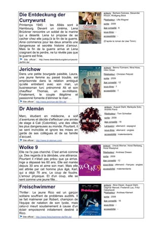 acteurs : Barbara Sukowa, Alexander
Die Entdeckung der                                             Khuon, Wolfgang Böck

Currywurst                                                     Réalisateur : Ulla Wagner
                                                               sortie : 2009
Printemps 1945 : les Alliés sont à
Hambourg. Devant un cinéma, Lena                               âge conseillé : 6
Brückner rencontre un soldat de la marine                      sous-titres : -
qui a déserté. Lena lui propose de se                          accessibilité : -
cacher chez elle jusqu’à la fin de la guerre.
                                                               (D’après le roman de Uwe Timm)
Ainsi commence pour les deux amants une
dangereuse et secrète histoire d’amour.
Mais la fin de la guerre arrive et Lena
craignant de le perdre, ne lui révèle pas que
la guerre est finie.
    Site officiel : http://www.dieentdeckungdercurrywurst-
derfilm.de/

                                                               acteurs : Benno Fürmann, Nina Hoss,
Jerichow                                                       Hilmi Sözer
Dans une petite bourgade paisible, Laura,                      Réalisateur : Christian Petzold
une jeune femme au passé trouble, est                          sortie : 2009
emprisonnée dans la relation ambiguë                           âge conseillé : 12
qu’elle entretient avec son mari, un
                                                               sous-titres : ?
businessman turc prénommé Ali et son
chauffeur           Thomas,          un        ex-militaire.   accessibilité : ?
Finalement, le couple illégitime et
passionné fomente d’éliminer le mari ...
   Site officiel : http://www.jerichow-der-film.de/

                                                                acteurs : August Diehl, Marleyda Soto,
Dr Alemán                                                       Andrés Parra
                                                                Réalisateur : Tom Schreiber
Marc, étudiant en médecine, a soif                              sortie : 2009
d’aventures et décide d’effectuer une année
                                                                âge conseillé : 16
de stage à Cali (Colombie), une des villes
les plus dangereuses au monde. Pourtant, il                     Langue(s) : allemand - espagnol
se sent invincible et ignore les mises en                       sous-titres : allemand - anglais
garde de ses collègues et de sa famille                         accessibilité : malentendants
d’accueil.
   Site officiel : http://www.dr-aleman.com/

                                                               acteurs : Ursula Werner, Horst Rehberg,
Wolke 9                                                        Horst Westphal
Elle ne l'a pas cherché. C'est arrivé comme                    Réalisateur : Andreas Dresen
ça. Des regards à la dérobée, une attirance.                   sortie : 2009
Pourtant il n'était pas prévu que ça arrive.                   âge conseillé : 12
Inge a dépassé les 60 ans. Elle est mariée
                                                               sous-titres : allemand – français - anglais
depuis 30 ans et aime son mari. Mais elle
est attirée par cet homme plus âgé, Karl,                      accessibilité : malentendants
qui a déjà 76 ans. Le coup de foudre.
L'amour physique. Et d'un coup, elle se
sent comme une jeune fille...
                                                               acteurs : Alice Dwyer, August Diehl,
Freischwimmer                                                  Dagmar Manzel, Frederick Lau, Fritzi
                                                               Haberlandt
Thriller : Le jeune Rico est un garçon                         Réalisateur : Andreas Kleinert
solitaire souffrant de problèmes auditifs. Il                  sortie : 2008
se fait malmener par Robert, champion de                       âge conseillé : 16
l'équipe de natation de son lycée, mais
                                                               sous-titres : -
celui-ci meurt soudainement à cause d'un
éclair empoisonné initialement destiné à                       accessibilité : -
Rico.
   Site officiel : http://www.freischwimmer-derfilm.de/
 