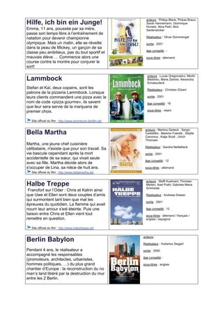 acteurs : Philipp Blank, Pinkas Braun,
Hilfe, ich bin ein Junge!                                     Sarah Hannemann, Dominique
                                                              Horwitz, Nina Petri, Nick
Emma, 11 ans, poussée par sa mère,                            Seidensticker
passe son temps libre à l’entraînement de
natation pour devenir championne                              Réalisateur : Oliver Dommenget

olympique. Mais un matin, elle se réveille                    sortie : 2001
dans la peau de Mickey, un garçon de sa
                                                              âge conseillé : -
classe peu ambitieux, pas du tout sportif et
mauvais élève … Commence alors une                            sous-titres : allemand
course contre la montre pour conjurer le
sort!

                                                               acteurs : Lucas Gregorowicz, Moritz
Lammbock                                                       Bleibtreu, Marie Zielcke, Alexandra
                                                               Schalaudeck
Stefan et Kaï, deux copains, sont les                          Réalisateur : Christian Zübert
patrons de la pizzeria Lammbock. Lorsque
leurs clients commandent une pizza avec le                     sortie : 2001
nom de code «pizza gourme», ils savent                         âge conseillé : 16
que leur sera servie de la marijuana de
premier choix.                                                 sous-titres : néant


  Site officiel du film : http://www.lammbock-derfilm.de/

                                                             acteurs : Martina Gedeck , Sergio
Bella Martha                                                 Castellitto , Maxime Foerste , Sibylle
                                                             Canonica , Katja Studt , Ulrich
                                                             Thomsen
Martha, une jeune chef cuisinière
                                                             Réalisateur : Sandra Nettelbeck
célibataire, n'existe que pour son travail. Sa
vie bascule cependant après la mort                          sortie : 2001
accidentelle de sa sœur, qui vivait seule
                                                             âge conseillé : 12
avec sa fille. Martha décide alors de
s'occuper de Lina, sa nièce de huit ans.                     sous-titres : allemand
  Site officiel du film : http://www.bellamartha.de/

                                                              acteurs : Steffi Kuehnert, Thorsten
Halbe Treppe                                                  Merten, Axel Prahl, Gabriela Maria
                                                              Schmeide
 Francfort sur l’Oder : Chris et Katrin ainsi
que Uwe et Ellen sont deux couples d’amis                     Réalisateur : Andreas Dresen
qui surmontent tant bien que mal les
                                                              sortie : 2001
épreuves du quotidien. La flamme qui avait
nourri leur amour s'est éteinte. Puis une                     âge conseillé : 12
liaison entre Chris et Ellen vient tout                       sous-titres : allemand / français /
remettre en question.                                         anglais / espagnol

  Site officiel du film : http://www.halbetreppe.de/

                                                            acteurs :
Berlin Babylon                                              Réalisateur : Hubertus Siegert

Pendant 4 ans, le réalisateur a                             sortie : 2000
accompagné les responsables
                                                            âge conseillé :
(promoteurs, architectes, urbanistes,
hommes politiques, …) du plus grand                         sous-titres : anglais
chantier d’Europe : la reconstruction du no
man’s land libéré par la destruction du mur
entre les 2 Berlin.
 