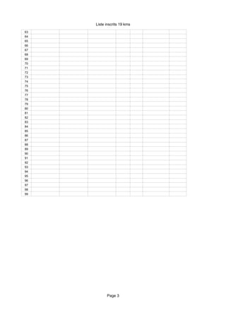 Liste inscrits 19 kms
63
64
65
66
67
68
69
70
71
72
73
74
75
76
77
78
79
80
81
82
83
84
85
86
87
88
89
90
91
92
93
94
95
96
97
98
99




           Page 3
 