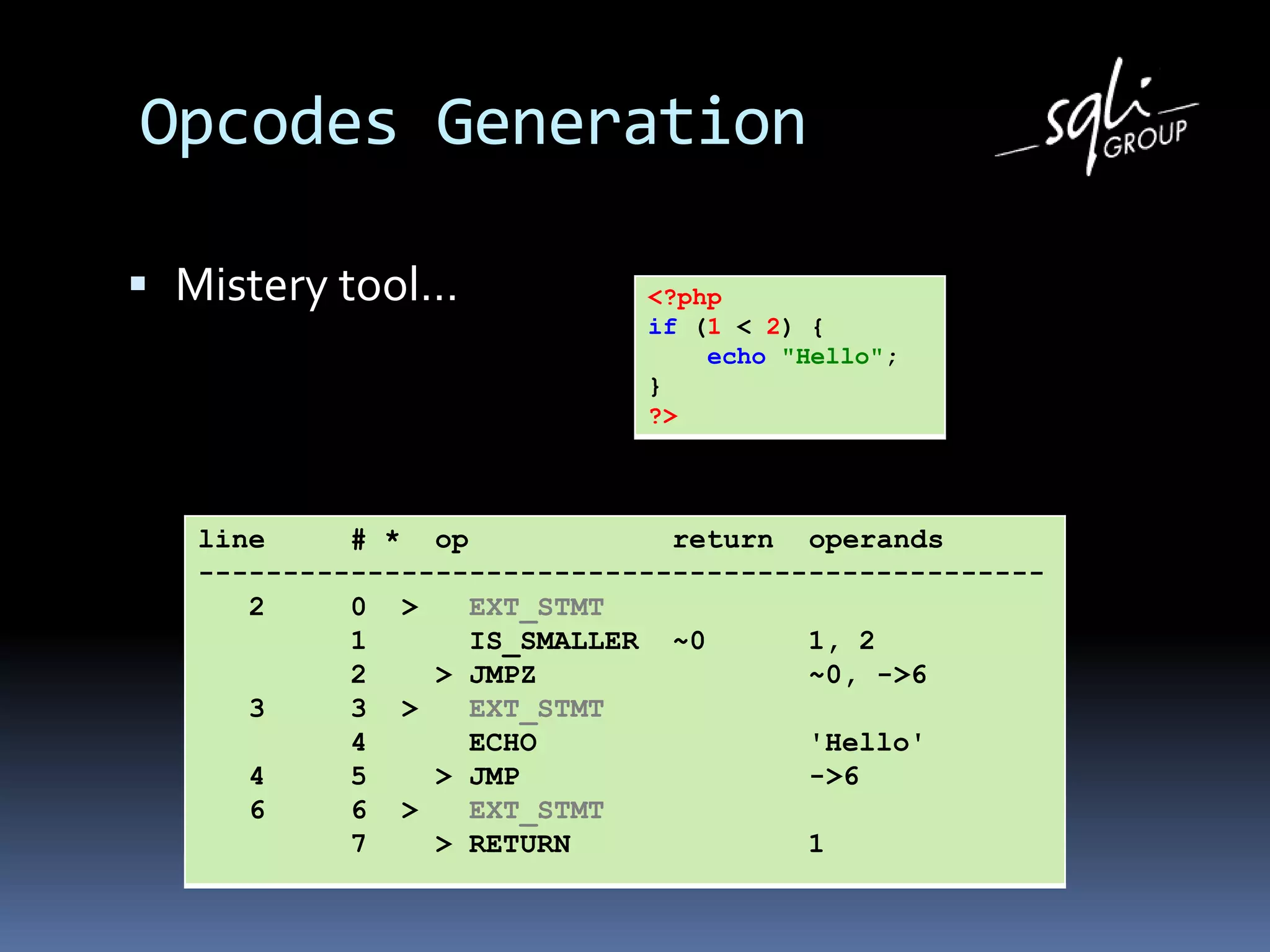 Opcodes Generation
 Mistery tool…
line # * op return operands
--------------------------------------------------
2 0 > EXT_STMT
1 IS_SMALLER ~0 1, 2
2 > JMPZ ~0, ->6
3 3 > EXT_STMT
4 ECHO 'Hello'
4 5 > JMP ->6
6 6 > EXT_STMT
7 > RETURN 1
<?php
if (1 < 2) {
echo "Hello";
}
?>
 