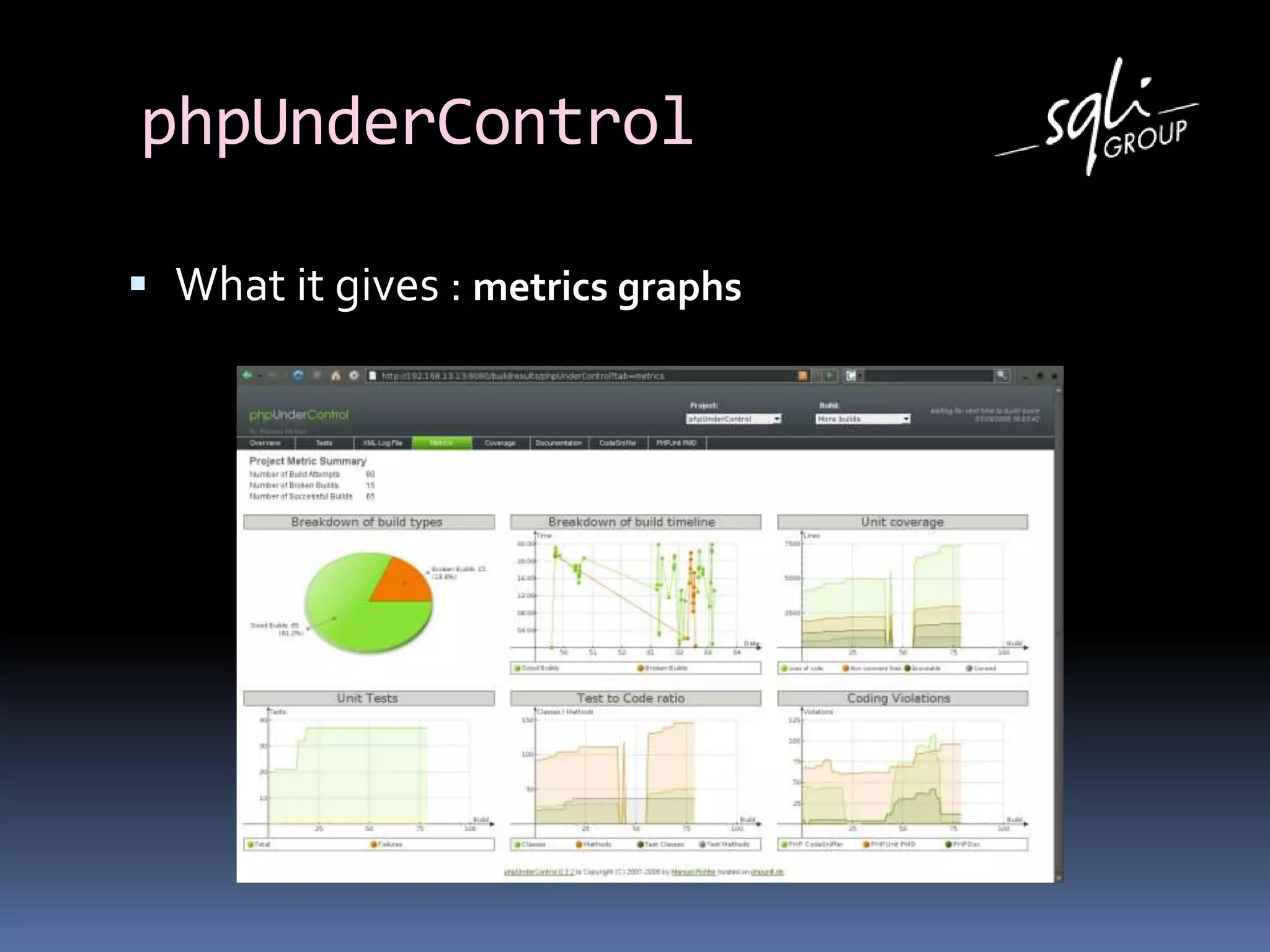 phpUnderControl
 What it gives : metrics graphs
 