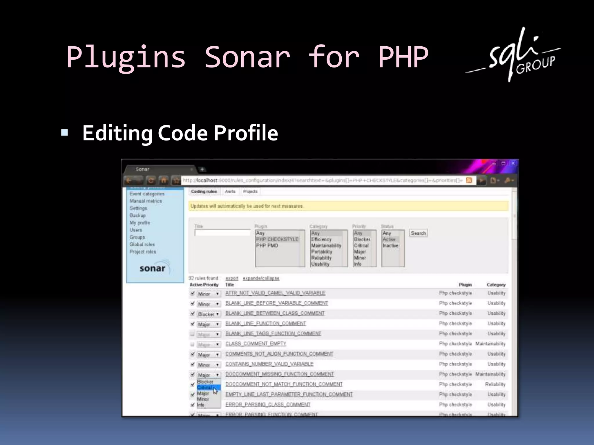 Plugins Sonar for PHP
 Editing Code Profile
 