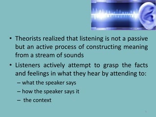 Theorists realized that listening is not a passive but an active process of constructing meaning from a stream of soundsListeners actively attempt to grasp the facts and feelings in what they hear by attending to:what the speaker sayshow the speaker says it the context 5