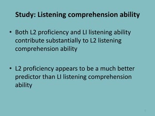 Study: Listening comprehension abilityBoth L2 proficiency and LI listening ability contribute substantially to L2 listening comprehension abilityL2 proficiency appears to be a much better predictor than LI listening comprehension ability7