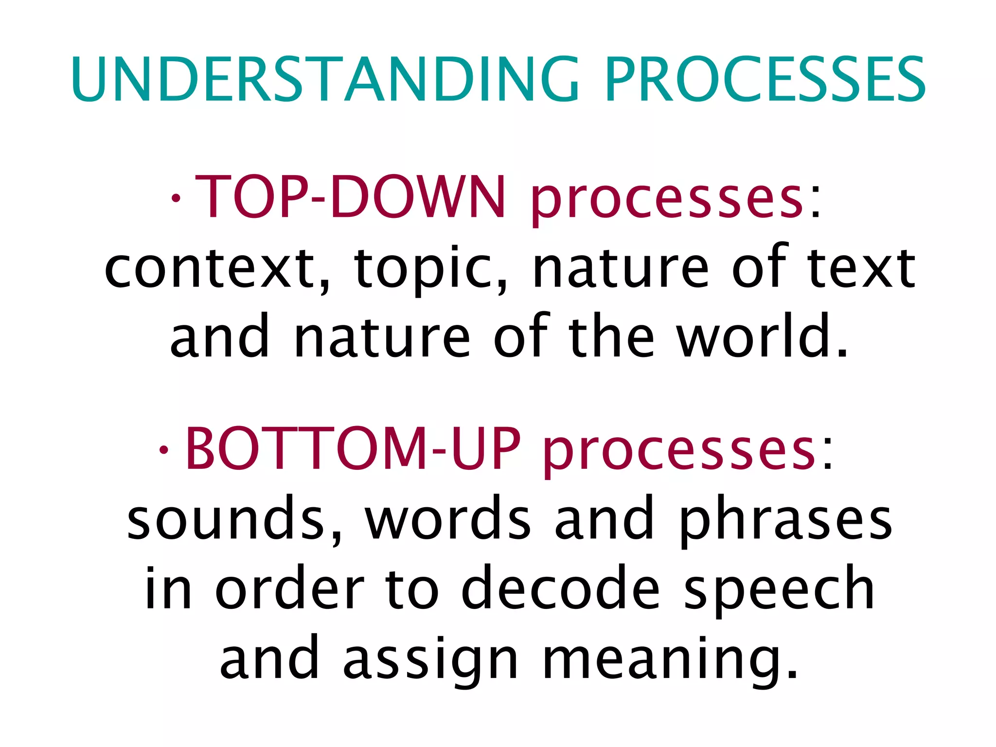 UNDERSTANDING PROCESSES TOP-DOWN processes : context, topic, nature of text and nature of the world. BOTTOM-UP processes : sounds, words and phrases in order to decode speech and assign meaning. 
