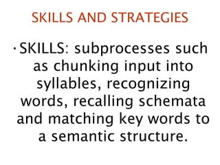 SKILLS AND STRATEGIES SKILLS: subprocesses such as chunking input into syllables, recognizing words, recalling schemata and matching key words to a semantic structure. 