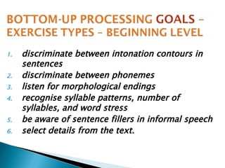 discriminate between intonation contours in sentences  discriminate between phonemes  listen for morphological endings  recognise syllable patterns, number of syllables, and word stress  be aware of sentence fillers in informal speech  select details from the text. 