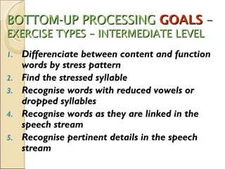 BOTTOM-UP PROCESSING  GOALS  –   EXERCISE TYPES – INTERMEDIATE LEVEL Differenciate between content and function words by stress pattern Find the stressed syllable Recognise words with reduced vowels or dropped syllables Recognise words as they are linked in the speech stream Recognise pertinent details in the speech stream 