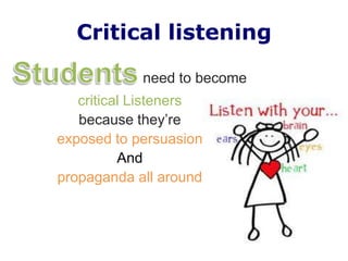 Critical listening

            need to become
   critical Listeners
   because they’re
exposed to persuasion
          And
propaganda all around
 