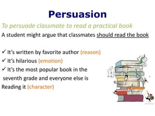 Persuasion
To persuade classmate to read a practical book
A student might argue that classmates should read the book

 It’s written by favorite author (reason)
 It’s hilarious (emotion)
 It’s the most popular book in the
seventh grade and everyone else is
Reading it (character)
 