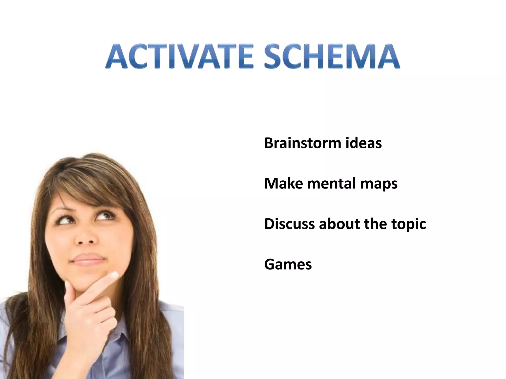 Brainstorm ideas

Make mental maps

Discuss about the topic

Games
 