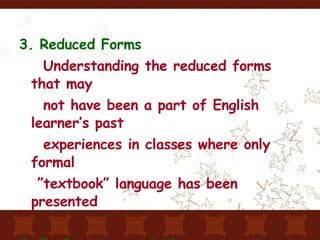3. Reduced Forms Understanding the reduced forms that may  not have been a part of English learner’s past experiences in classes where only formal ” textbook” language has been presented 4. Performance variables Hesitations, False starts, Corrections, Diversion 