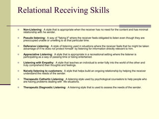 Relational Receiving Skills


Non-Listening: A style that is appropriate when the receiver has no need for the content and has minimal
relationship with he sender.



Pseudo listening: A way of "faking it" where the receiver feels obligated to listen even though they are
preoccupied unable or unwilling to at that particular time.



Defensive Listening: A style of listening used in situations where the receiver feels that he might be taken
advantage of if he does not protect himself by listening for information directly relevant to him.



Appreciative Listening: A style that is appropriate in a recreational setting where the listener is
participating as a way of passing time or being entertained.



Listening with Empathy: A style that teaches an individual to enter fully into the world of the other and
truly comprehend their thoughts and feelings.



Naively listening to customers: A style that helps build an ongoing relationship by helping the receiver
understand the needs of the sender.



Therapeutic Cathartic Listening: A listening style used by psychological counselors to help people who
are having problems dealing with life situations.



Therapeutic Diagnostic Listening: A listening style that is used to assess the needs of the sender.

 