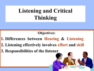 Listening and Critical
Thinking
Objectives:

1. Differences between Hearing & Listening
2. Listening effectively involves effort and skill
3. Responsibilities of the listener

 