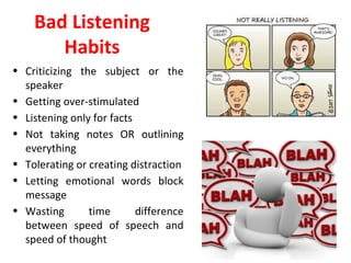 Bad Listening 
Habits 
• Criticizing the subject or the 
speaker 
• Getting over-stimulated 
• Listening only for facts 
• Not taking notes OR outlining 
everything 
• Tolerating or creating distraction 
• Letting emotional words block 
message 
• Wasting time difference 
between speed of speech and 
speed of thought 
 