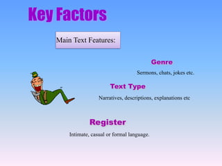 Key Factors
Main Text Features:
Genre
Register
Sermons, chats, jokes etc.
Intimate, casual or formal language.
Text Type
Narratives, descriptions, explanations etc
 