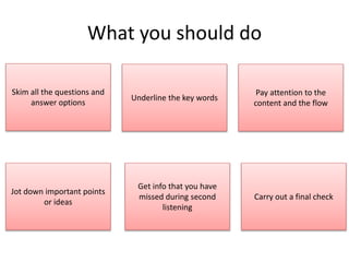 What you should do
Skim all the questions and
answer options
Carry out a final check
Get info that you have
missed during second
listening
Jot down important points
or ideas
Underline the key words
Pay attention to the
content and the flow
 
