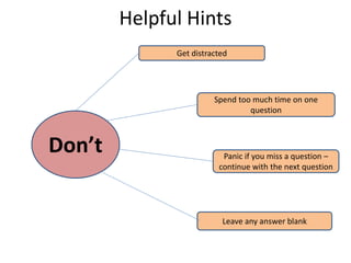 Helpful Hints
Don’t
Get distracted
Spend too much time on one
question
Panic if you miss a question –
continue with the next question
Leave any answer blank
 
