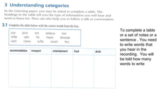 To complete a table
or a set of notes or a
sentence . You need
to write words that
you hear in the
recording. You will
be told how many
words to write
 