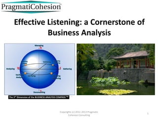 Effective Listening: a Cornerstone of
          Business Analysis




             Copyrights (c) 2011-2013 Pragmatic
                                                  1
                    Cohesion Consulting
 