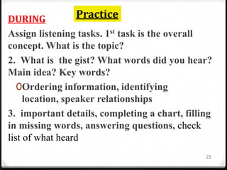 DURING
Assign listening tasks. 1st task is the overall
concept. What is the topic?
2. What is the gist? What words did you hear?
Main idea? Key words?
0Ordering information, identifying
location, speaker relationships
3. important details, completing a chart, filling
in missing words, answering questions, check
list of what heard
21
Practice
 