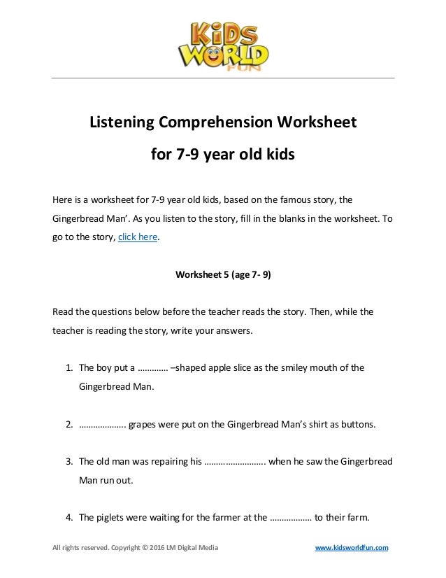 Worksheets Auditory Comprehension Worksheets listening comprehension worksheet for 7 9 year old kids copyright 2016 lm digital media www kidsworldfun com listening