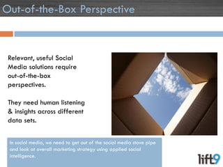 Out-of-the-Box Perspective


 Relevant, useful Social
 Media solutions require
 out-of-the-box
 perspectives.

 They need ...